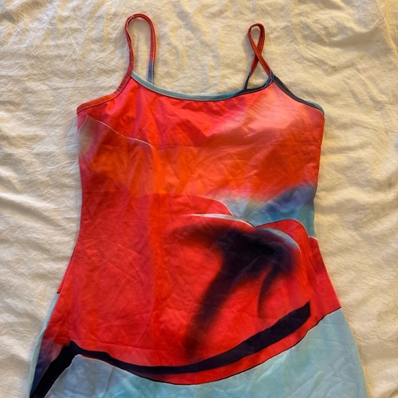 Blue and red graphic floral bodycon mini tank dress | size small - Picture 3 of 6